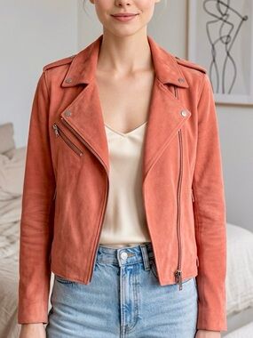 REISS Suede Leather Moto Jacket In Salmon